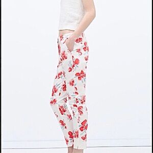 Zara White Ankle Pants with Red Floral Print